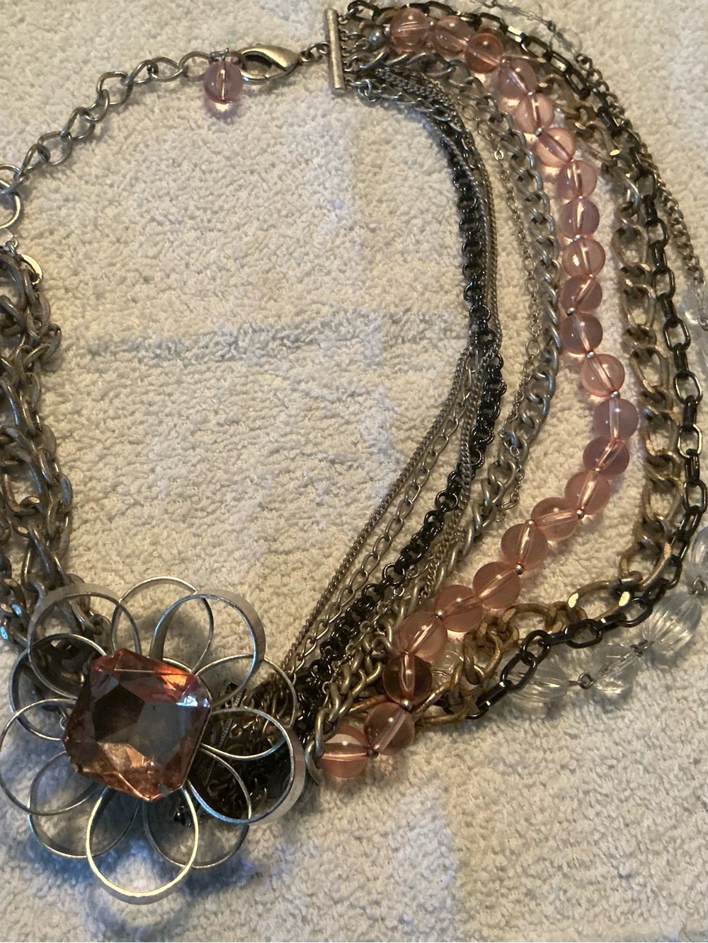 Multi-Chain Pink Crystal Flower Statement Necklace